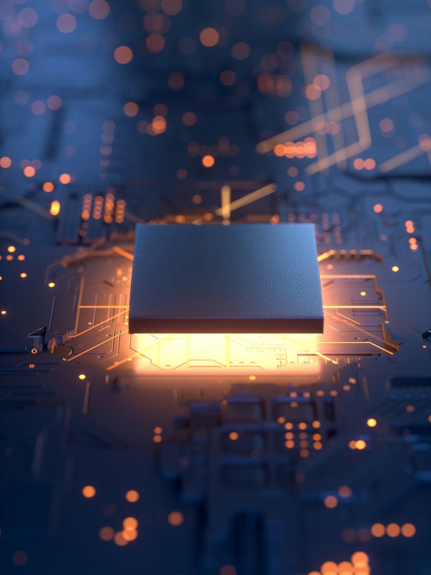 Glowing semiconductor chip on a circuit board representing embedded firmware engineering